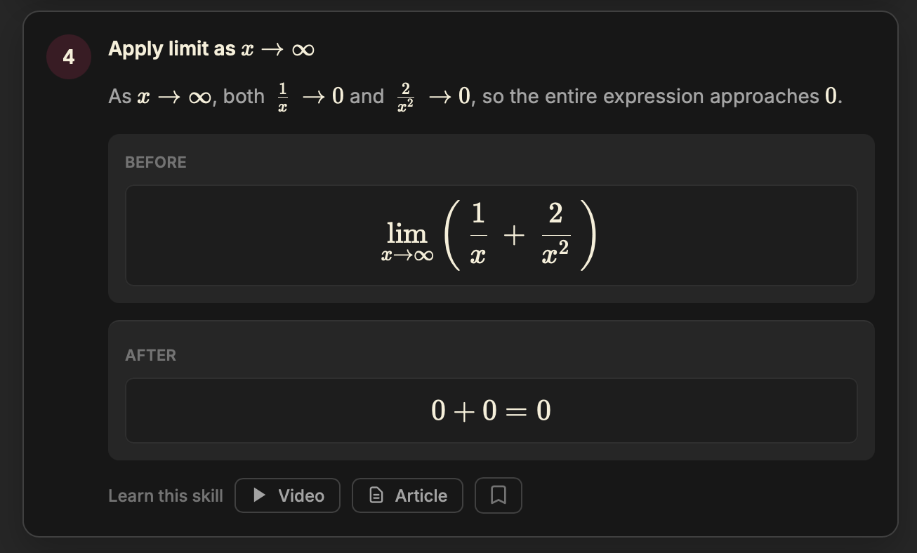 Theorem step-by-step problem breakdown with learning resources and bookmark options.